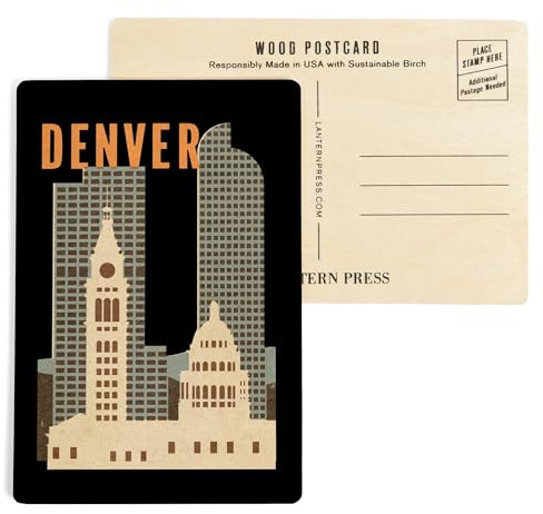 Denver, Colorado, Woodblock, (4x6 Birch Wood Postcards, 2-Pack Stationary, Rustic Home Wall Decor)
