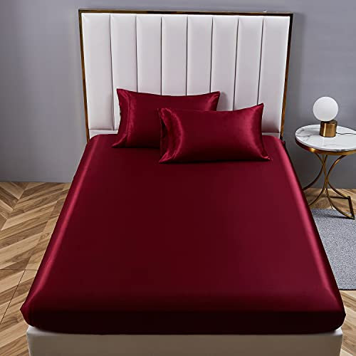 Boqingzhu Satin Spannbettlaken 140x200cm Rot Weinrot Uni Seide Spannbetttuch Microfaser Bettlaken für bis 30cm Matraze