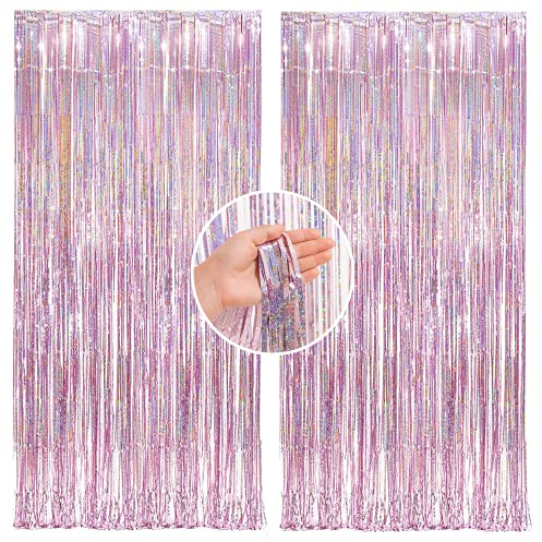 2 Stück Glänzender Rosa Folienvorhang,Lametta Vorhänge Irisierende Glitzer,Glitzer Vorhang,Metallische Folie Fransen Vorhang,Lametta Vorhang Glänzender Rosa fur Hochzeit Deko,Festivals Bühnendekor