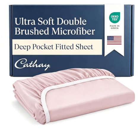 Cathay Home Luxury Wrinkle and Fade Resistant Double Brushed Ultra Soft Microfiber 14-Inch Standard Pocket Single Fitted Sheet, Blush, Full