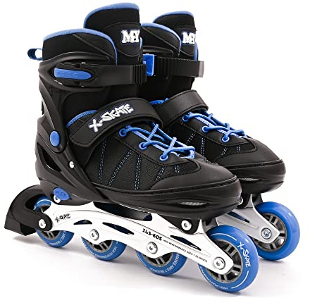 M.Y X-Skate Adjustable Blue Inline Roller Skates with Built In Adjusters Kids Roller Boots for Boys & Girls - Large