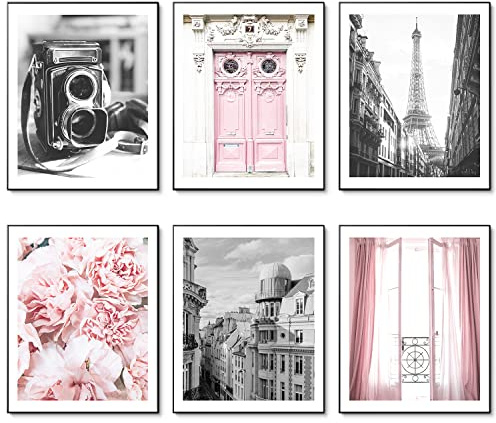 HoozGee Vintage mode Paris väggkonst tryck set med 6 svartvit canvas affisch Eiffeltornet rosa blomma dörrar fönster bilder foton väggdekor för kontor sovrum vardagsrum (28 cm x 35,56 cm utan ram)