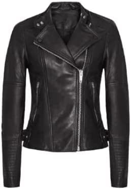 Giacca da donna in vera pelle di agnello Brando Style vera pelle di pecora, Slim Fit Moto giacca corta cappotto corto, Nero , S
