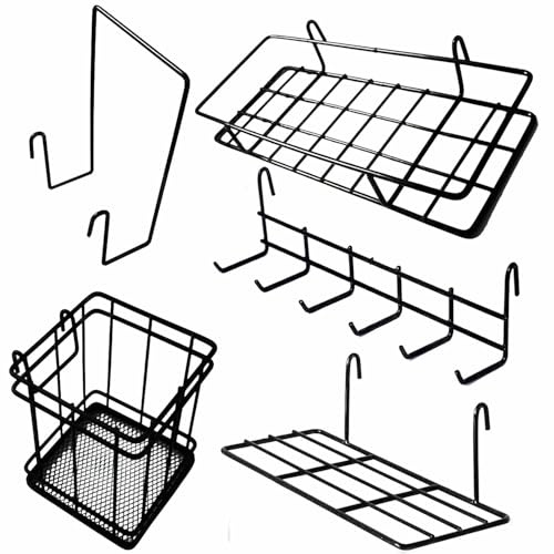 Hrjiore Wandgitter zubehör Wandgitter Schwarz Hängekorb, Hängeregal, Stifthalter, Hakenablage, Bücherregal, 5-Teiliges Multi-Funktion Metall Wandgitter deko