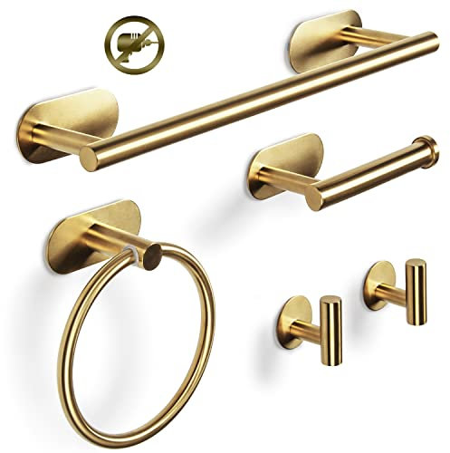 Virklyee Set porte-serviettes 5 pièces porte-serviettes en papier hygiénique anneau 2 crochets de salle de bain auto-adhésif en acier inoxydable suspendu au mur, cuisine (or)