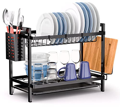 Dreamhigh® Scolapiatti da Appoggio 2 Ripiani, Scolapiatti da Lavello con Vassoio Gocciolatoio, Posate, Portabicchieri, Antiruggine Colapiatti, Adatto a Famiglia di 4-6 Persone