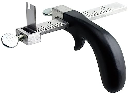 Langlauf Schuhbedarf Profi Riemenschneider bis 100 mm Schnittbreite, Gürtel Handschneidegerät für Lederstreifen, Ziehmesser stufenlos einstellbar, Aluminiumgriff, Messlehre, inkl. Klinge