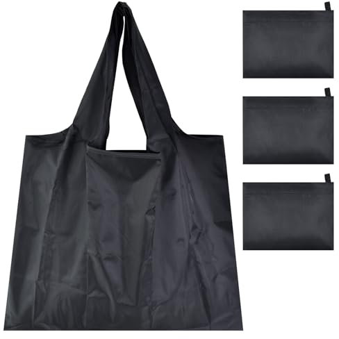 DEARBAG 3 Stück Große Faltbare Einkaufstasche, Wiederverwendbare Einkaufsbeutel 50 x 40 cm, Waschbare Einkaufstasche Schwarz, Umweltfreundliche Taschen für Einkaufen Reisen Strand