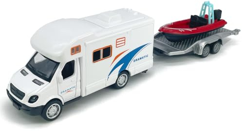 Motorhome Camper Trailer Towing Speed Boat Model Diecast Toys for Boys Pull Back RV Toy Vehicle, Beach Sandbox Outdoor Adventure, 3 4 5 6 7 Year Old Toddlers Kids Birthday Gifts Cake Topper Home Decor