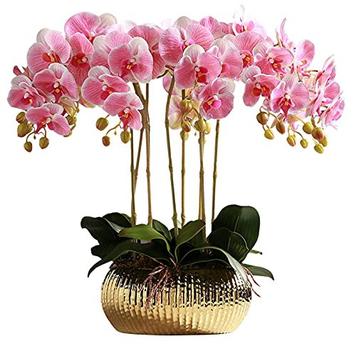 TONZN Künstliches Blumen-Set, Schmetterlings-Orchideen-Kunstblumen-Arrangement mit Goldener Vase, gefälschte PU-Real-Touch-Blumen, Phalaenopsis-Bonsai für Hochzeit, Party, Zuhause