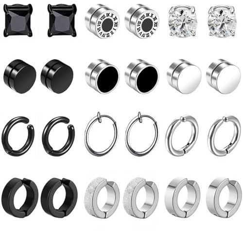 12Paar Magnet Ohrringe Herren Damen Edelstahl Creolen CZ Magnet Nicht Durchdringende Clip Magnet Ohrstecker Clips Nickelfrei Tunnel Ohrclips Non Piercing Ohrringe Set Silber Schwarz