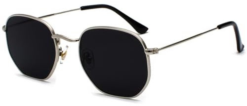 JCTAIFOO Mode Polygon Sonnenbrille Silber/Dunkelgrau | für Herren und Damen, Leichter Sechseckiger Metallrahmen, UV400 Schutz Brille