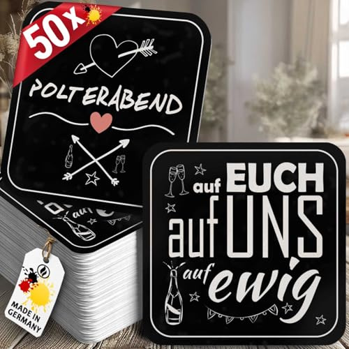 Funke & Brand Bierdeckel Polterabend - 50 Stück - Elegante Schwarze Untersetzer mit Herz-Pfeil Design & Liebesmotto