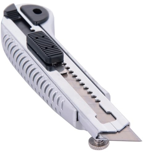 Coltello grande professionale retrattile metallico, lame da 18 mm, ergonomico, grigio