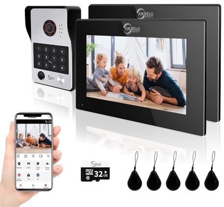 ANJIELO SMART Videocitofono (connessione a 4 fili), videocamera 1080p con display touchscreen da 7 pollici, supporta lo sblocco tramite impronta digitale, scheda IC e PIN (nero)