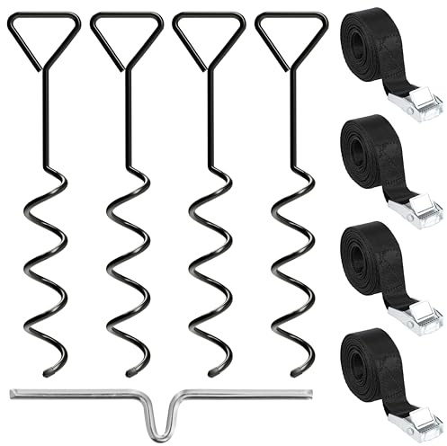 NewHabitat 4X Erdanker Bodenanker Stahl 38cm Schwarz – für Trampolin & Zelt | Erdanker Set inkl. Spanngurte für Trampolin, Pavillon, Zelt, Schaukel & Sonnensegel, 9-teilig, extra stabil & wetterfest