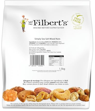 Mr Filbert's - Simply Sea Salt Mixed Nuts, 1.5kg Bulk Pack | Blend of peanuts, cashews and almonds; 100% vegan, dairy-free and gluten-free snack suitable for bar and catering use.