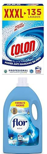Lote de Colon Polvo Activo - Detergente para lavadora, adecuado para ropa blanca y de color, formato polvo - 135 dosis, 7.037 kg + Flor - Suavizante para la ropa concentrado, aroma azul - 172 dosis