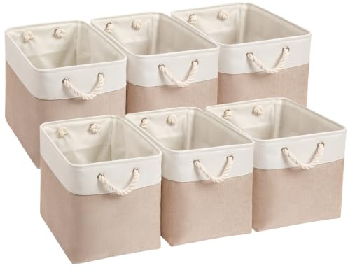 Mangata Canvas-Aufbewahrungsboxen, 25cm große Würfel-Aufbewahrungsbehälter, 6er-Set, Stoffkörbe mit Baumwollseilgriff zum Ordnen von Kleidung, Kinderzimmer, Zuhause (Khaki/Weiß)