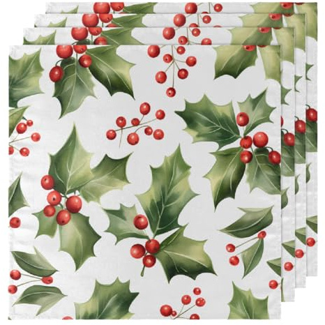 Juego de 4 servilletas de tela de hojas de acebo de Navidad, lavables, suaves, reutilizables, de satén, para fiestas, eventos, bodas, 50 x 50 cm, calidad de hotel