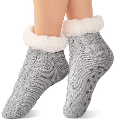 SockWaddles Slipper Socks Women Men, Thick Warm Non Slip Fluffy Socks with Grippers, Soft Fleece Lining Knitted Thermal Slippers, Suitable for Winter Indoor Home House Floor Bed Grey