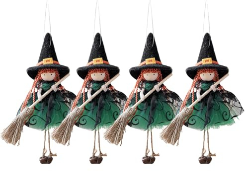 4 Stück Hängende Deko Halloween Hexen mit Ginster, Halloween Deko Fenster Hexenpuppe Für Innen Outdoor, Dekofigur Hängedeko, Herbst Dekoration Anhänger, Fensterdeko Hexen Für Garten (Grün)