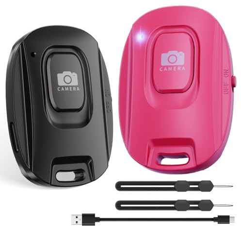 VYVIYON Bluetooth-Kameraauslöser für iOS & Android Smartphones | Wiederaufladbare Fernbedienung mit Selfie-Knopf für Fotos/Videos, inkl. Ladekabel & Handschlaufe (2er Pack)-Black&Pink
