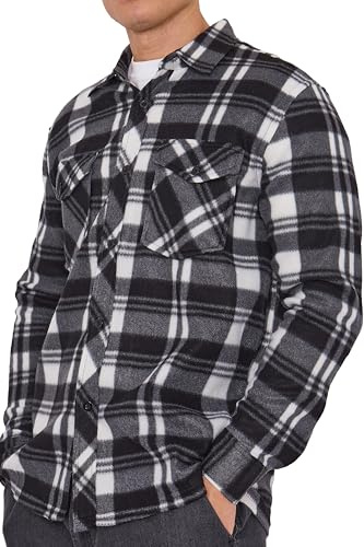 Men’s Checked Fleece Shirt – Soft Warm Plaid Pattern Button-Up with Chest Pockets, Winter Casual Top Authentics Long Sleeve Flannel Style Jacket Thicken Sherpa Lined (White/Black Large)