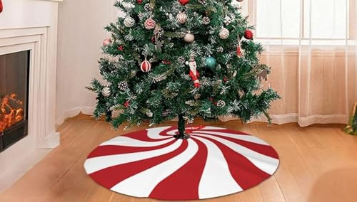 ADEPTNA Christmas Tree Skirt – Festive Faux Fur Candy Cane Design – Red & White Peppermint Candy Pattern – 80cm Diameter – Soft Durable Polyester – Decorative Red Swirl Candy Cane Tree Skirt