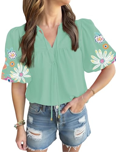 Soesdemo Womens Short Sleeve Blouses Boho V Neck Puff Sleeve Flowy Peasant Tunic Shirts Loose Fit Summer Tops SageGreen XL