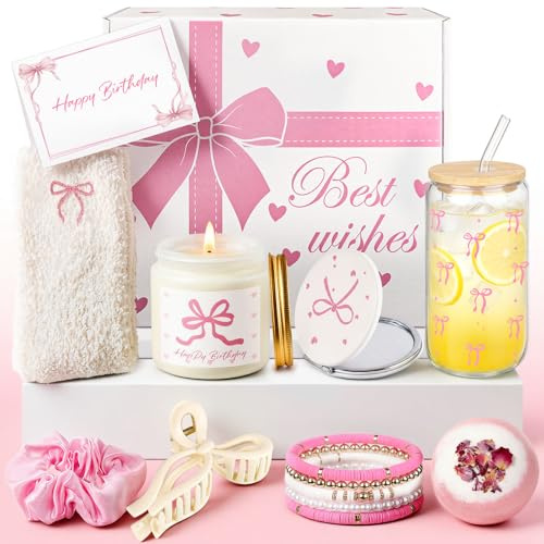 Luxuriöses Geburtstagsgeschenk für Frauen – Rosa Schleifen Geschenkbox als elegantes Wellness Geschenkset mit Duftkerze, Badebombe, Glasbecher & ausgewählten Beauty Accessoires