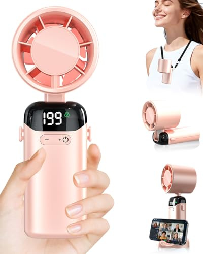 DDKJ Ventilador de Mano Turbo,Aire de Alta Velocidad, 5 Velocidades + 199 Ajustes Continuos, Batería Hasta 10 Horas,Pantalla LED, Portatil para Viajes, Oficina, Deportes y Exteriores-Rosa