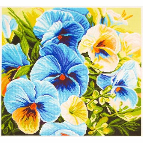 Collection d'Art PA1247 Blaue Stiefmütterchen Bedrucktes Aida für Kreuzstickerei, Baumwolle, Mehrfarbig, 34x34cm