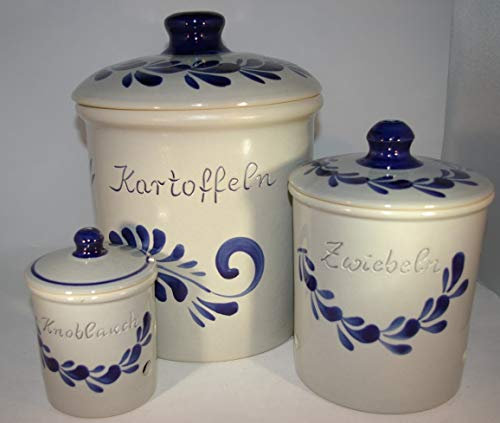 Töpferei Seifert Set grau blau Kartoffel Zwiebel Knobi Grade