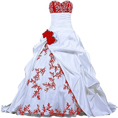 Zorayi Élégant Bustier Broderie Robes de mariée Taffetas Robes de Mariage Longue Robes de Nuptiale Organza Femmes A-Ligne Blanc & Rouge Taille 40
