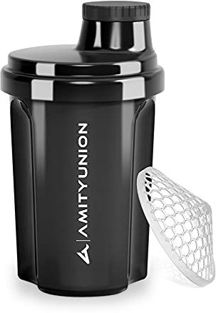AMITYUNION Shaker per proteine 300 ml Heaven a prova di perdite, senza BPA con setaccio cliccabile e scala per frullati cremosi di siero di latte, shaker per proteine, originale in nero