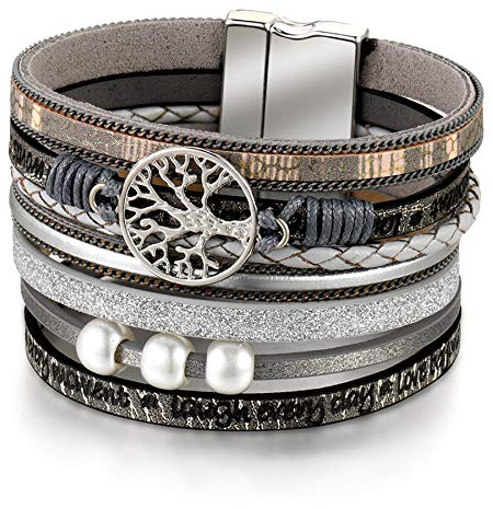 Flongo Damen Wickelarmband Multilayer Armband Boho Lederarmband mit Perlen Lebensbaum Magnetverschluss für Frauen Mädchen