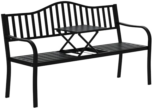 Outsunny 2-Sitzer Gartenbank mit ausziehbar Tisch Parkbank Schwarz | 240kg Belastbar,Mit Rücken- & Armlehnen,Sitzbank Bank,Terrassenbank,Gartenmöbel Für Terrasse,Garten 150 x 58,5 x 90 cm