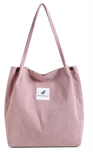 FITDON Cord Umhängetasche Damen, Groß Schultertasche Canvas Tasche Tote Handtasche für Alltag, Büro, Schulausflug und Einkauf - Rosa