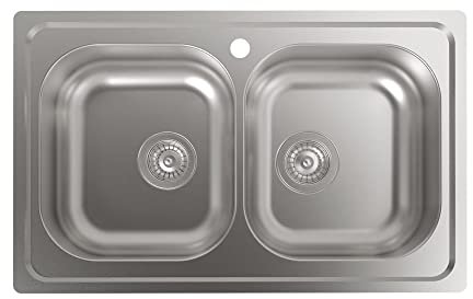 Cata Fregadero C-2 AG Sobre Encimera con 2 Cubetas Cuadradas Instalación Mueble 80 cm Base con Fondo Absorbente Accesorios Incluidos Acabado Acero Inoxidable