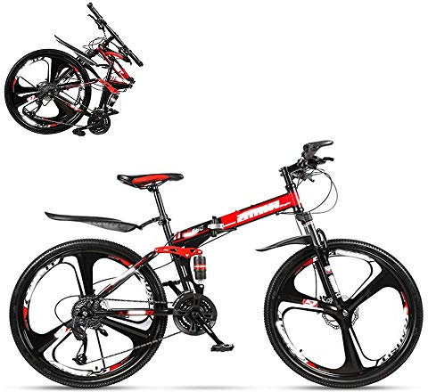 Klapprad für Erwachsene, 26 Zoll, Variable Geschwindigkeit, doppelte Stoßdämpfung, Offroad-Rennen, mit Stoßdämpfersperre vorne, 4 Farben, geeignet für Körpergröße 165-185 cm (Rot 24)
