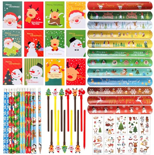 Gadget Natale Bambini, 58 Ppezzi Gadget Natalizi, Penne Natalizie, Matite Natalizie per Bambini, Mini Quaderni, Slap Braccialetti, Tatuaggio Temporaneo, Giocattolo Regalini Natale Bambini