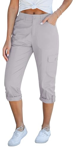 GRAPENT Women's Clothing Women Capris for Summer Cargo Pants Womens Summer Pants for Women Cargo Capris Cropped Grey Outfits with Pockets High Waisted Color Light Gray Medium Size 8 Size 10