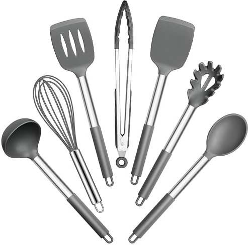 Joyfair Küchenhelfer Set, 7 Stück Kochbesteck Küchenutensilien Set, Grau Antihaft Hitzebeständiger Pfannenwender Kochutensilien zum Kochen/Backen/Flip, Leicht zu Reinigen & Spülmaschinenfest
