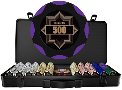 HEITOK Lera pokerchip-set för Texas Hold'em, 500 st med valörer, 14 g professionella kasino blackjack numrerade chips set, high-end bärväska med tyskt polykarbonatskal