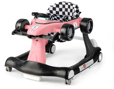 GYMAX Girello per Bambini 4 in 1 a Spinta, Girello Primi Passi Pieghevole con Altezza e Velocità Regolabile, con Luci e Suoni per Bambini 6-18 Mesi, Portata 12 kg, 73 x 64 x 55,5 cm (rosa)