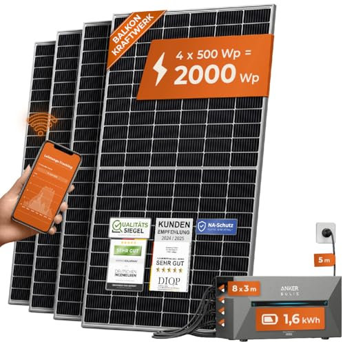 Solarway® All In One Balkonkraftwerk mit Speicher 2000W komplett Steckdose - 1,6 kWh Anker Solix 2 PRO Speicher - Solaranlage Komplettset - 500W Solarmodule & Anker Speicher & Zubehör