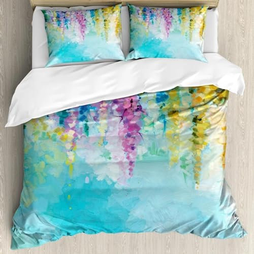Buntes Blumen-Bettbezug-Set, abstraktes Efeu, romantische Landschaft, Frühling, Blumenkunst, Natur, Bettwäsche-Set, volle Größe, Türkis, 260 x 220 cm + 50 x 80 cm x 2