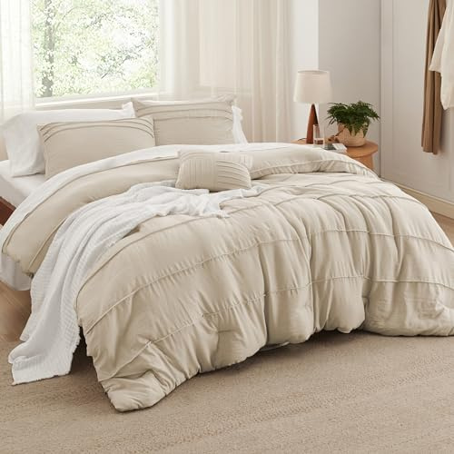 Bedsure Full Comforter Set - 4 Pieces Pinch Pleat Bed Set, Linen Boho Bedding for All Season, 1 Soft Comforter, 2 Pillowcases, 1 Decorative Pillow