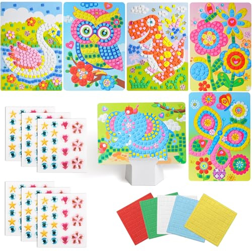 Fizdoqg 6 Stück Mosaik Bastelset für Kind - Mosaik-Bild mit Glitter und Moosgummi, Geschenke für Mädchen und Jungen